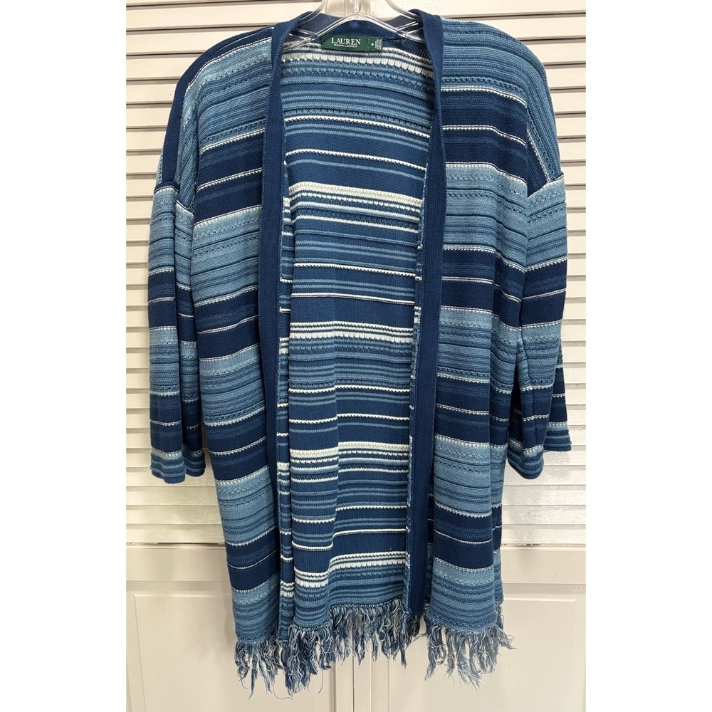 Lauren Ralph Lauren Open Cardigan Wide Sleeve Knit Size M Blue Fringe